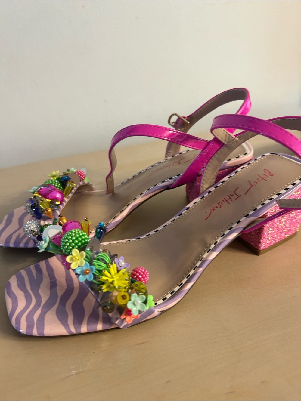 Bejeweled Pink Floral Block Heel Sandals